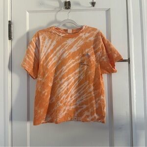 Re/Done Orange and White Tie-Dye Short Sleeve Tee with Palm Graphic